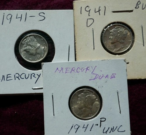 Mercury Dime BU 1941 P-D-S Collection UNC MINT LUSTER Coins 90% Silver U-Grade