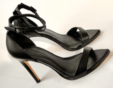 Zara Basic Spring Summer Shoes Black Leather Stiletto Ankle Strap Sandals 36