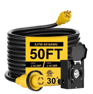 50 Foot 30 Amp RV Power Cord with Inlet Box for Long Distance L14-30P L14-30R