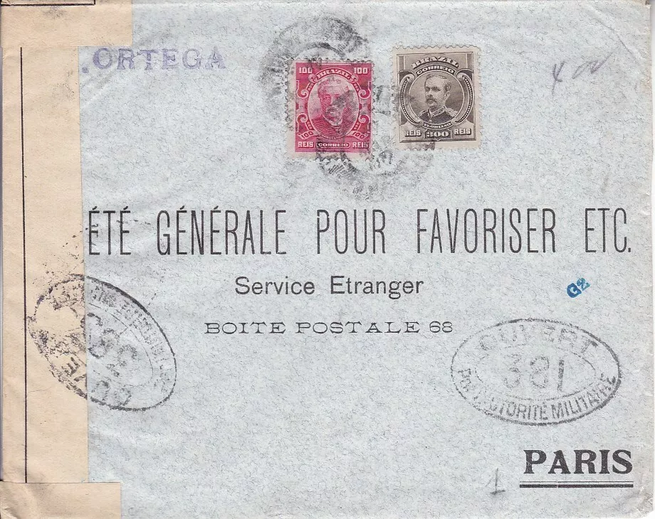 Brazil #177,#180 on censored cover to France, PER S.S Ortega *d