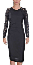 David Meister ~ Black Shirred Lace Long Sleeve Sheath Party Dress 6 NEW $450