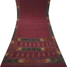 Vintage Maroon Sarees 100 Pure Crepe Silk Printed Indian Sari 5YD Craft Fabric