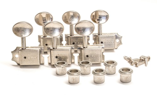 Aged Kluson 6-In-Line Single Line Deluxe Series Nickel Metal Oval Machines - Picture 3 of 6
