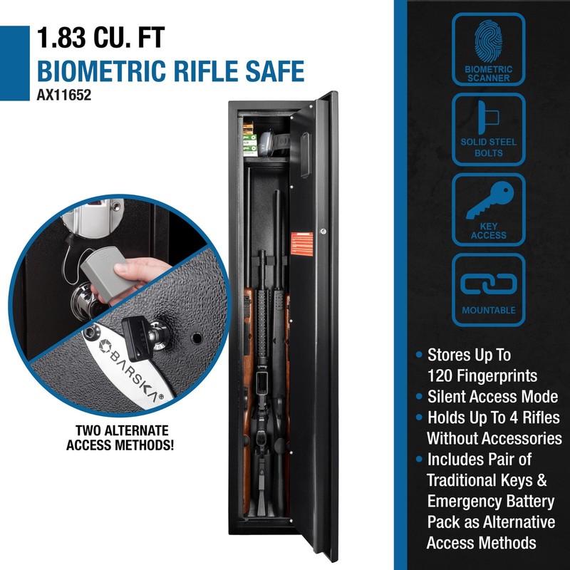 Barska DOJ Approved 4 Rifle Quick Access Biometric Fingerprint + Keys Gun Safe