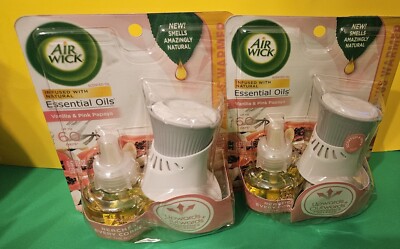 2X AIR WICK Essential Scented Oils VANILLA & PINK PAPAYA Refill &  Warmer