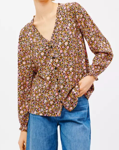 John Lewis Top Blouse Size UK S 10 Ditsy Daisy Print Balloon Sleeve Black Multi - Picture 2 of 5