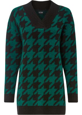Neu Longpullover Gr. 32/34 Schwarz Brillantgrün Graphisch Damen Strick-Pullover