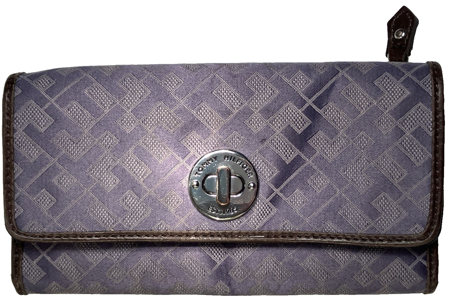 Tommy Hilfiger Blue Gray Signature Print Snap Front Multi Pocket Wallet TriFold