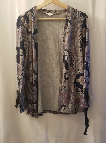 Dressbarn Westport Strickjacke vorne offen Damen XS grau Paisley Schleife Ärmel