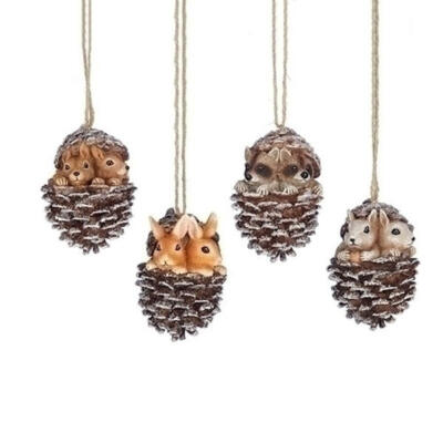 Baby Forest Animals in Pinecone Ornaments