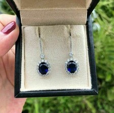 2Ct Oval Cut Lab Created Blue Sapphire Halo Drop  Dangle Earrings 925 Silver