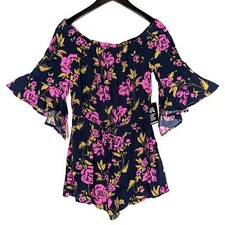 NWT Express Floral Gauzy Romper Bell Sleeve Shorts Size Medium Flutter Stretch