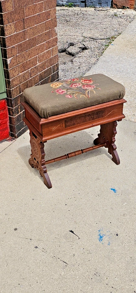 Antique Victorian Eastlake piano bench w/ floral needle point hidden compartment - Image 2 of 4