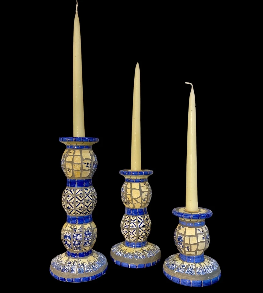 Set of 3 Mosaic Tile Candle Holders Mexican Folk Art Blue Boho Vintage Decor - Image 3 of 4