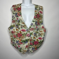 Vintage 80s Quizz Beaded Ivory Pink Floral Cottagecore Prairie Vest Size M