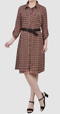 NY Collection Women's Brown Dobby Pocket Shirtdress Petite Size PM