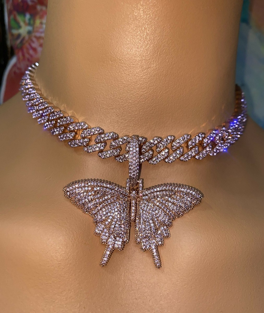 pink Butterfly cuban choker chain necklace