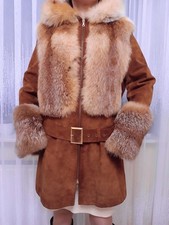 Red fox fur and brown suede cognac coat S-M