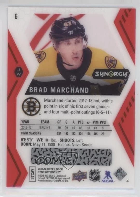 2017-18 Upper Deck Synergy Red Bounty Brad Marchand #6 - Image 2 of 2