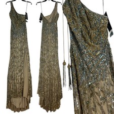 Sherri Hill Beige Blue Sequin Maxi Dress with Slit NWT $798 One Shoulder NEW