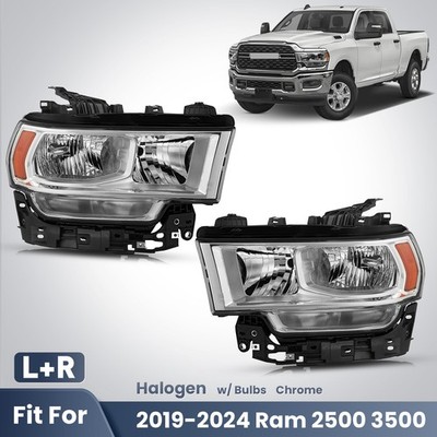 Halogen Headlights For 2019-2024 Ram 2500 3500 W/ Bulbs Left&Right Pair Chrome