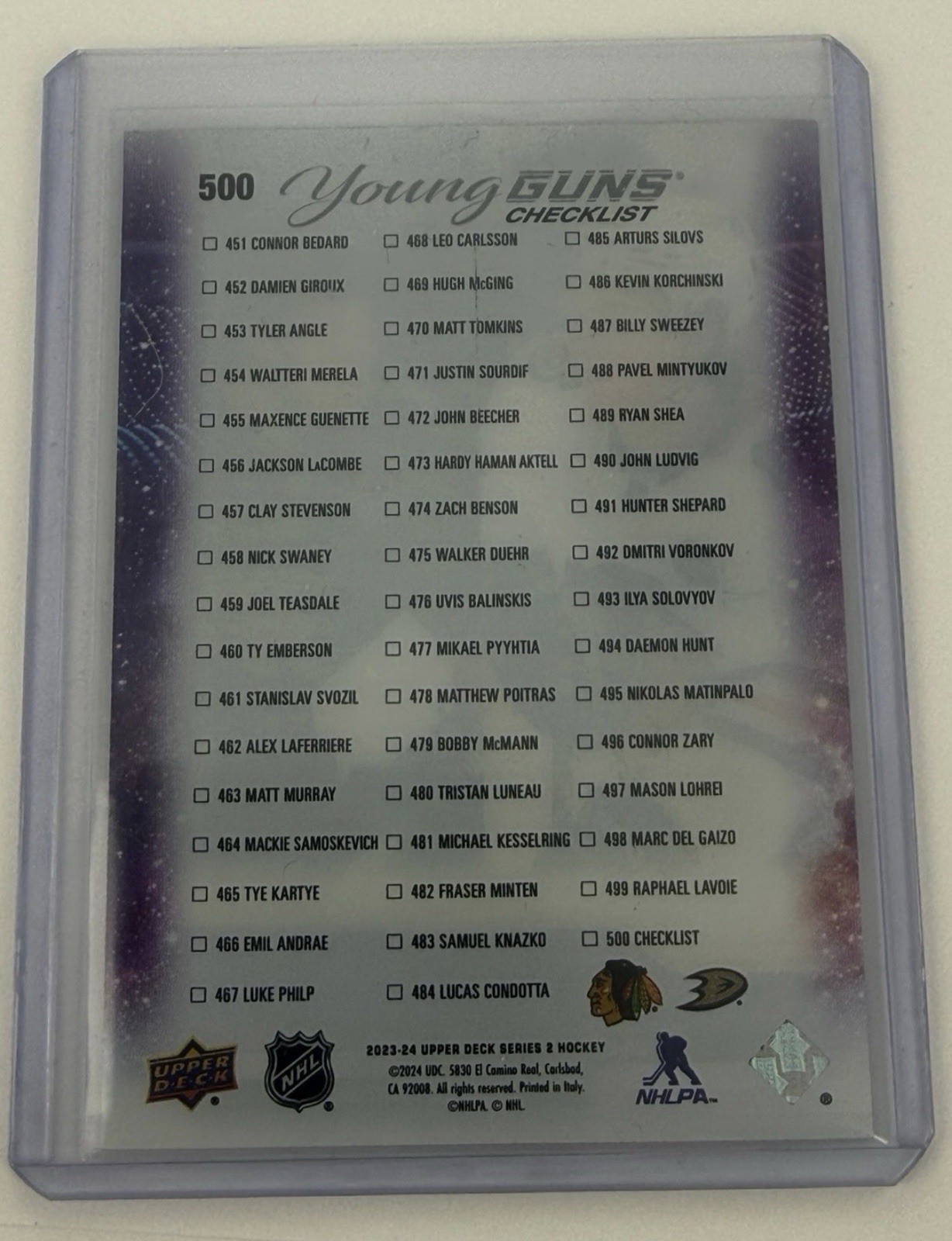 23-24 Upper Deck Series 2 Young Guns Checklist Connor Bedard Carlsson Clear Cut view 2