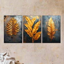3pcs three golden leaves on a black  Wall Art Canvas Framed 50x70cm