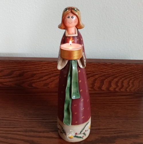 Hand Painted Tea Light Candle Holder Christmas Wooden Doll, Signed - Picture 1 of 11