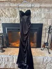 Black Beaded Formal prom Gown Floor Length with Spaghetti Straps and Bodice
