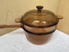 Pyrex Vision Corning Ware AMBER Glass 1.5 L/QT Sauce Pan Pot W/Lid&Double Boiler