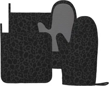 Black Leopard Oven Mitts and Pot Holders Sets Silicone Leopard Print Kitchen Ove