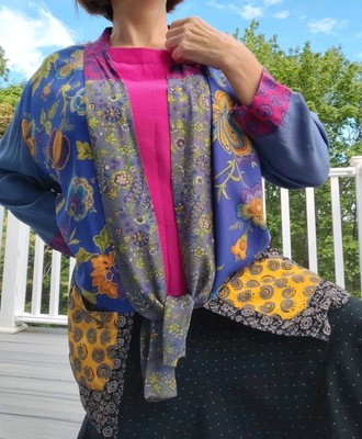 VTG Sz M SUMMER SET Silk TOP + Viscose Patchwork TUNIC Cardigan BlouseBlue Pink 