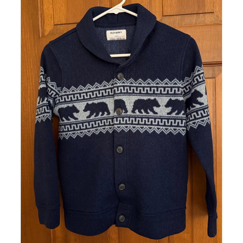 Кардиган Old Navy Bear Fair Isle свитер для мальчиков L (10-12) темно-синий трикотаж с воротником - Изображение 2 из 4