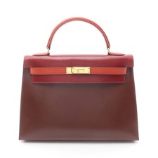 HERMES Kelly 32 Tricolor Rouge Ash Brick Handbag Box Calf Brown Gold #RC105