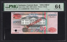 Suriname 1000 Gulden 1-7-1993 P141as  Specimen N.003  UNC Grade 64 Top Pop