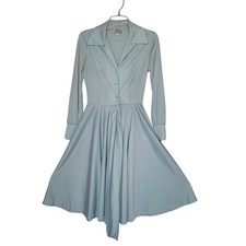 Vintage 70's Blue Fit Flare Dress Needs Repair Belted Long Sleeve Big Collar