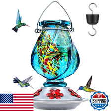 BOLITE 22oz Hand Blown Glass Hummingbird Feeder, Ant Moat, 5 Bee-Proof Ports, Bl