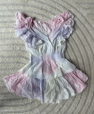 LoveShackFancy Tie Dye Smocked V-Neck Flutter Sleeve Mini Dress XS Pink