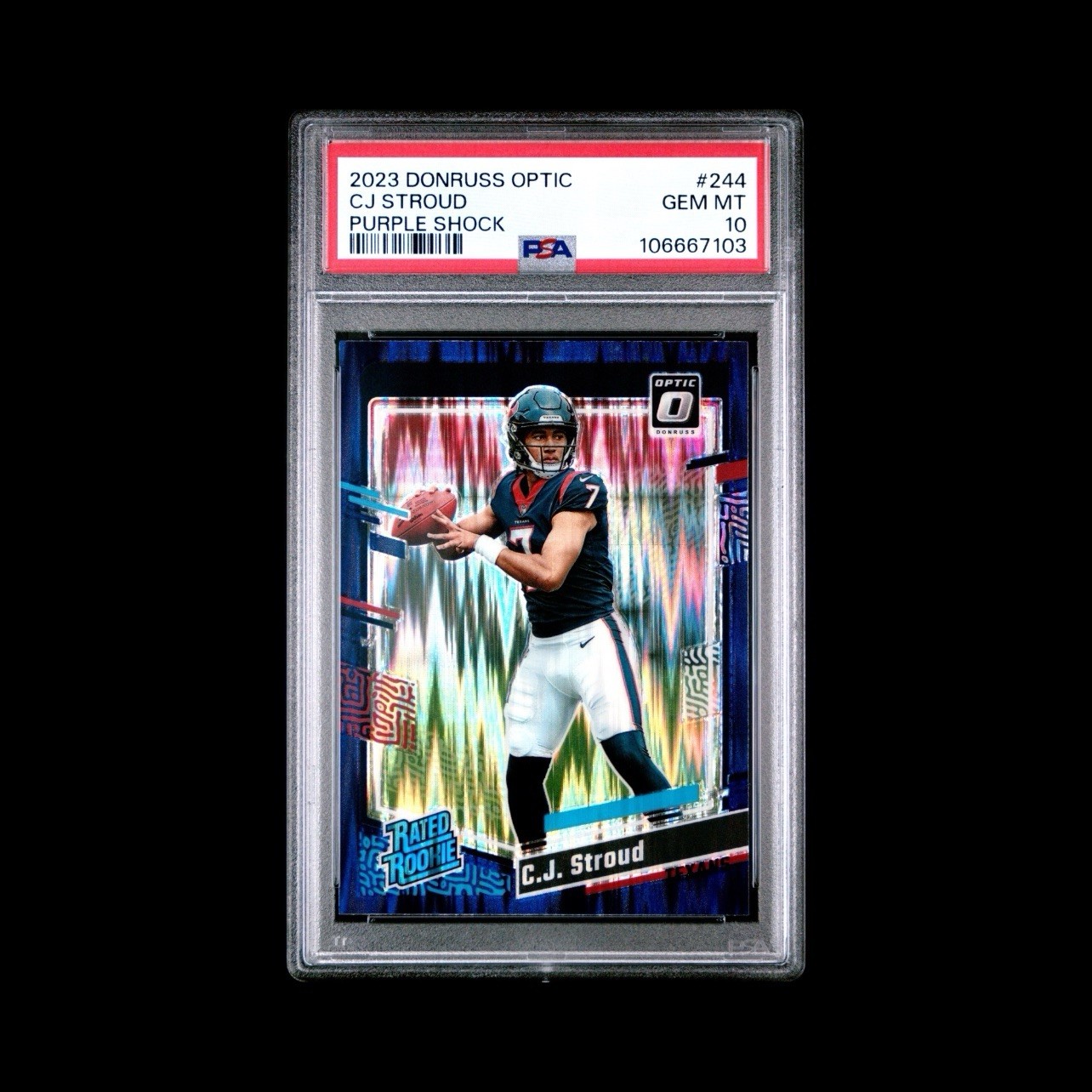 2023 Donruss Optic CJ Stroud Rated Rookie Purple Shock Houston Texans PSA 10 view 2