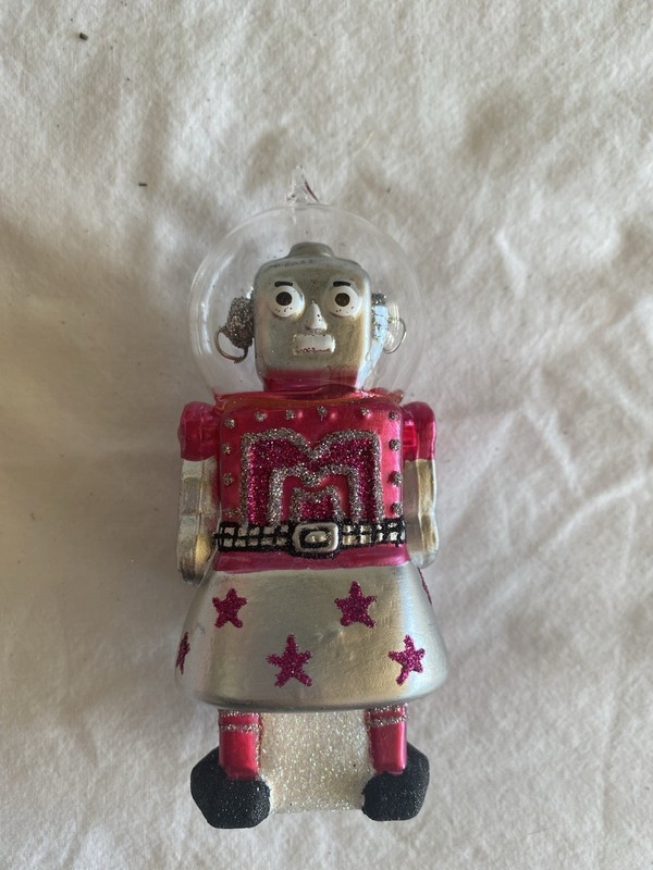 Glass Pink Girl Robot Christmas Ornament