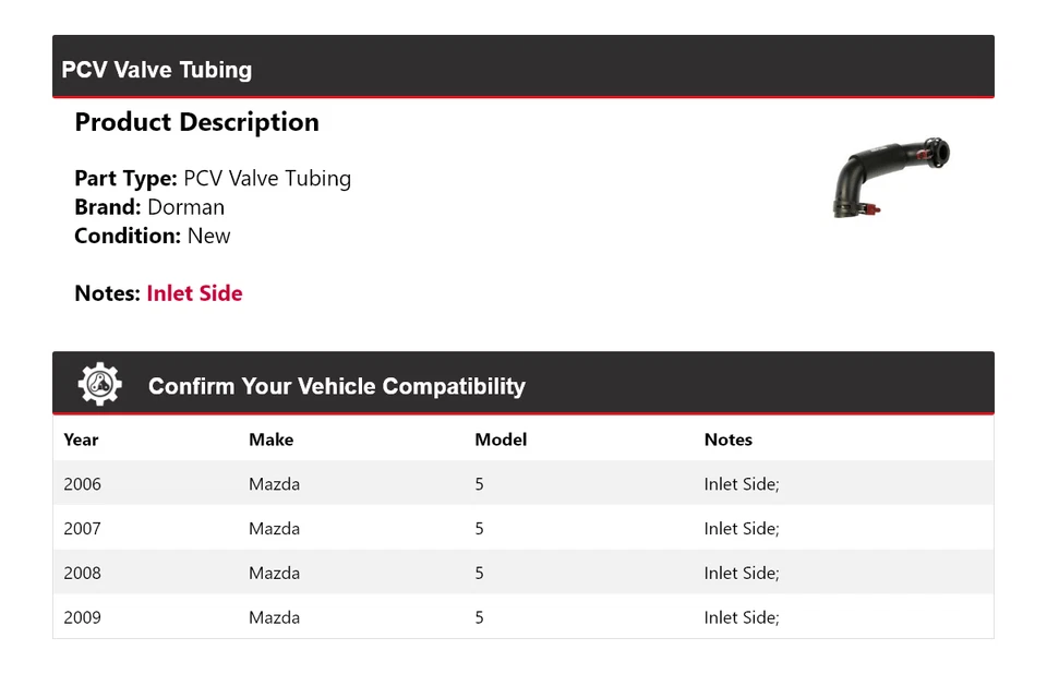 Tubo de válvula PCV para Mazda 5 Dorman 2006-2009 2007 2008 Foto 2 de 3
