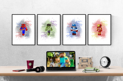 Minecraft Marvel Avengers 4er Set Drucke Xbox PS5 Bilder Wandbilder Poster