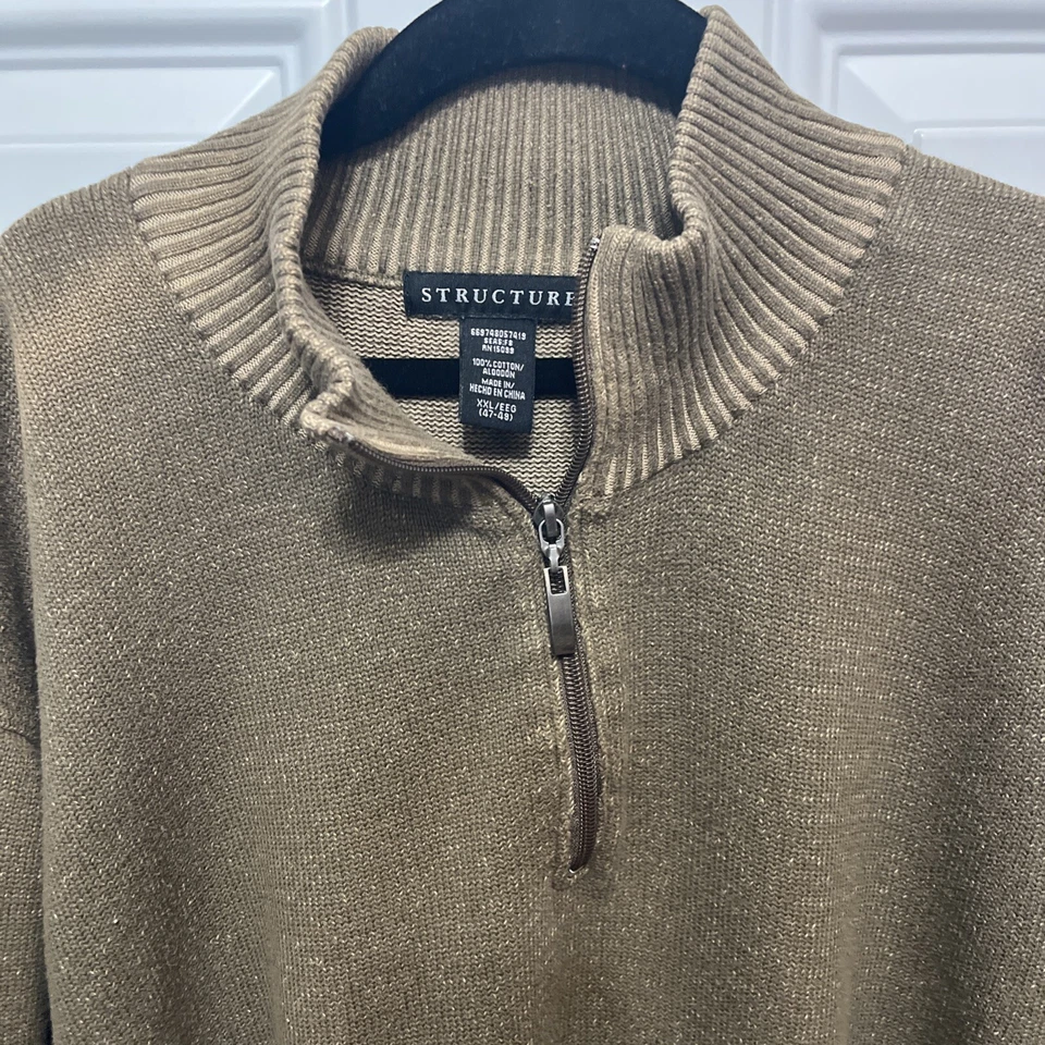 Structure 1/4 Zip Mock Neck Long Sleeve 100% Cotton Olive Sweater, XXL 47-48 - Image 3 of 4