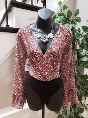 Dress Up Women's Brown Floral 100% Polyester V-Neck Long Sleeve Bodysuit Small