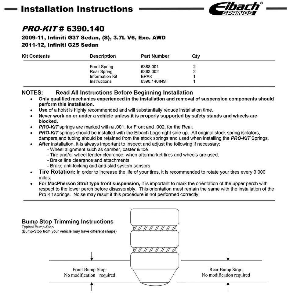 Muelles rebajadores delanteros traseros Eibach 6390.140 PRO-KIT para 2009-13 G37 / 11-12 G25 Foto 2 de 4