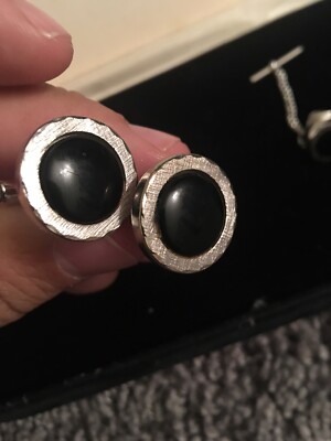 Boutons De Manchette Et épingle à Cravate Vintage Dante 2117 - Argenté Et Vert - Occasion Bon état