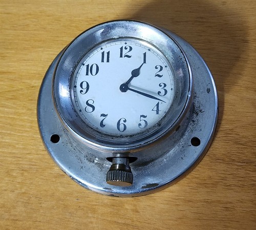 VINTAGE UNBRANDED CAR CLOCK STAINLESS STEEL MOUNTING CASE WINDS AND WORKS