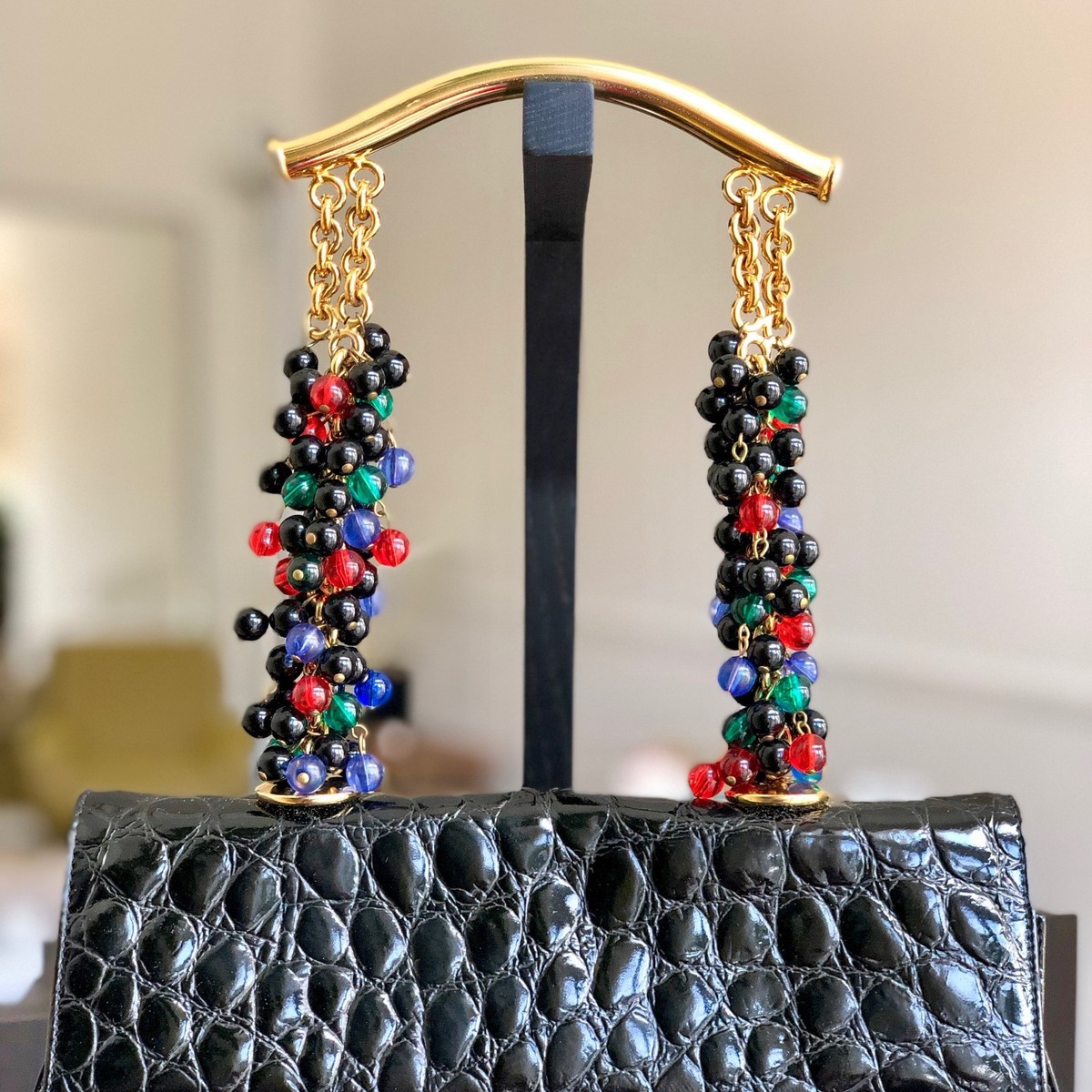 GIANNI VERSACE Black Croc Embossed Handbag w/ glass beaded