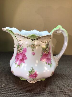 Vtg. Large Austrian Victorian Pitcher White With Pink Rose Florals By M & Z