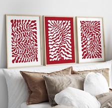 Floral Wall Art Prints Set of 3 Red Botanical Leaf Abstract Poster Prints